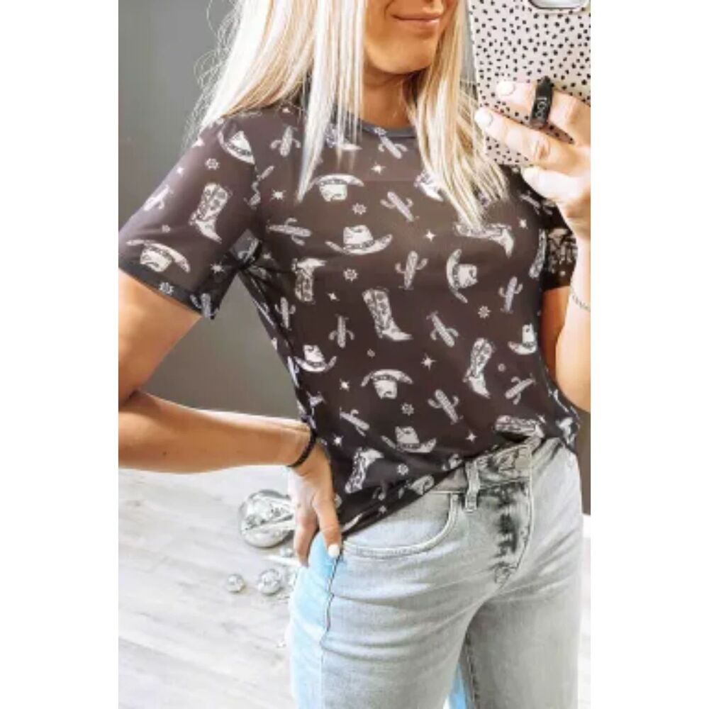 SHEWIN WOMEN BLACK VINTAGE MESH SHEER CREW NECK T SHIRT.